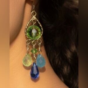Handmade Blue Green Crystal Sterling Silver Chandelier Earrings